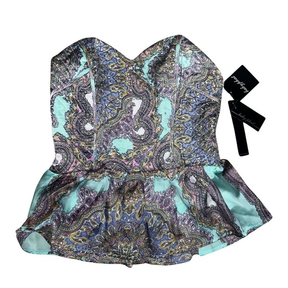 Baby Phat Y2K Corset Peplum Top Teal & Lavender Paisley Print Ruched Back 1X NWT - Picture 1 of 9